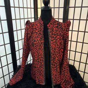 SHEIN Red & Black Leopard Print Zip-Front Blazer